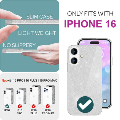 NALIA Glitzerhülle für iPhone 16 – Funkelnder Glitzer-Look & Grip – SHINEPOP (Silikon Case) – Marke aus Berlin Silber NALIA Protective Hülle