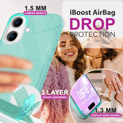 NALIA Glitzerhülle für iPhone 16 Plus – Funkelnder Glitzer-Look & Grip – SHINEPOP (Silikon Case) – Marke aus Berlin Mint-Grün NALIA Protective Hülle
