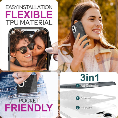 NALIA Glitzerhülle für iPhone 16 Plus – Funkelnder Glitzer-Look & Grip – SHINEPOP (Silikon Case) – Marke aus Berlin Schwarz NALIA Protective Hülle