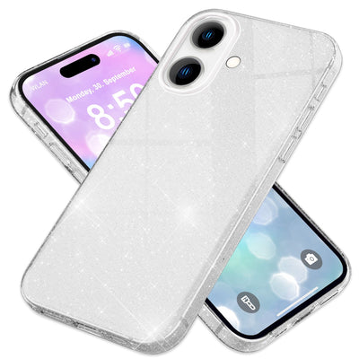 NALIA Glitzerhülle für iPhone 16 Plus – Funkelnder Glitzer-Look & Grip – SHINEPOP (Silikon Case) – Marke aus Berlin Silber NALIA Protective Hülle
