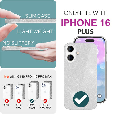 NALIA Glitzerhülle für iPhone 16 Plus – Funkelnder Glitzer-Look & Grip – SHINEPOP (Silikon Case) – Marke aus Berlin Silber NALIA Protective Hülle
