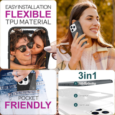 NALIA Glitzerhülle für iPhone 16 Pro – Funkelnder Glitzer-Look & Grip – SHINEPOP (Silikon Case) – Marke aus Berlin Schwarz NALIA Protective Hülle