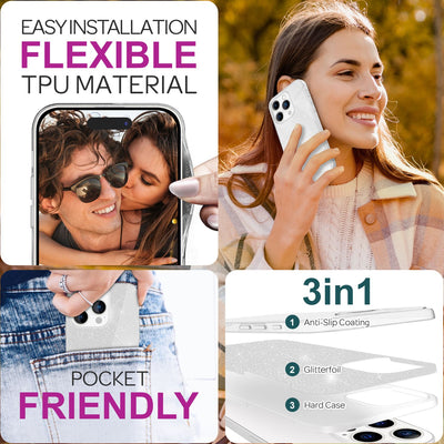 NALIA Glitzerhülle für iPhone 16 Pro – Funkelnder Glitzer-Look & Grip – SHINEPOP (Silikon Case) – Marke aus Berlin Silber NALIA Protective Hülle