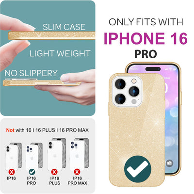 NALIA Glitzerhülle für iPhone 16 Pro – Funkelnder Glitzer-Look & Grip – SHINEPOP (Silikon Case) – Marke aus Berlin Gold NALIA Protective Hülle