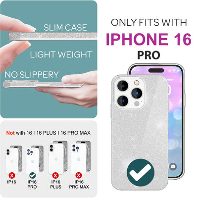 NALIA Glitzerhülle für iPhone 16 Pro – Funkelnder Glitzer-Look & Grip – SHINEPOP (Silikon Case) – Marke aus Berlin Silber NALIA Protective Hülle
