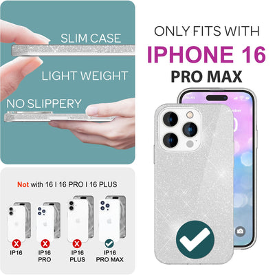 NALIA Glitzerhülle für iPhone 16 Pro Max – Funkelnder Glitzer-Look & Grip – SHINEPOP (Silikon Case) – Marke aus Berlin Silber NALIA Protective Hülle