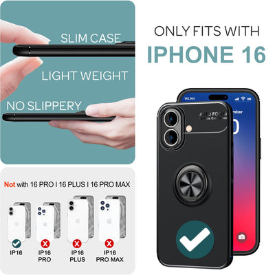 NALIA Ringhülle für iPhone 16 – Ring-Ständer 360° & für Magnet-Halter – GRIP360 (Mattiertes Silikon Case) – Marke aus Berlin Schwarz NALIA Protective Hülle