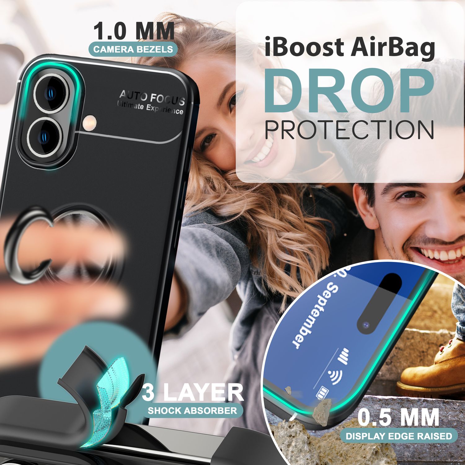 NALIA Schutzhülle mit Ring für iPhone 16 Plus, Matt-Schwarze Silikon Hülle mit 360° Finger-Halter für Ständer