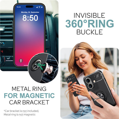 NALIA Schutzhülle mit Ring für iPhone 16 Plus, Matt-Schwarze Silikon Hülle mit 360° Finger-Halter für Ständer