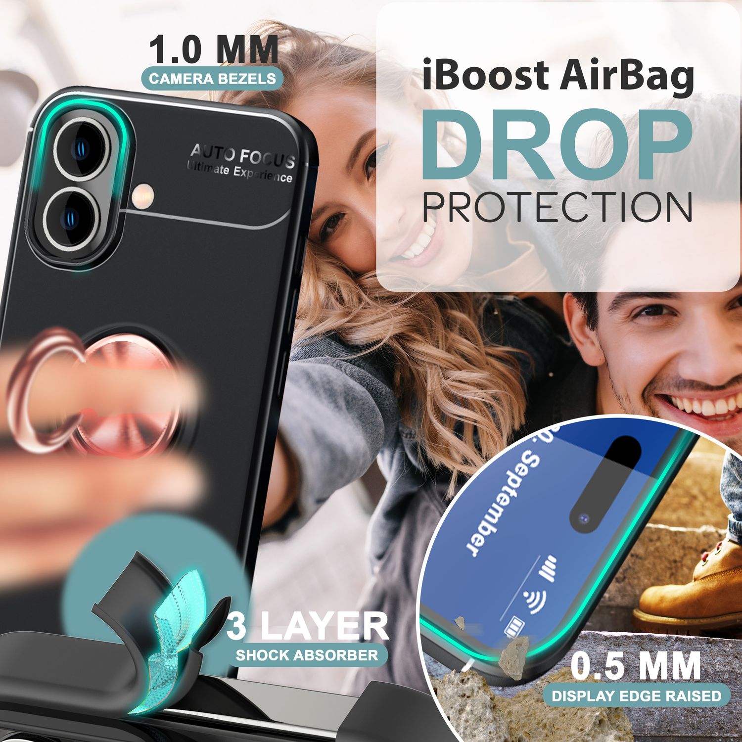 NALIA Schutzhülle mit Ring für iPhone 16 Plus, Matt-Schwarze Silikon Hülle mit 360° Finger-Halter für Ständer