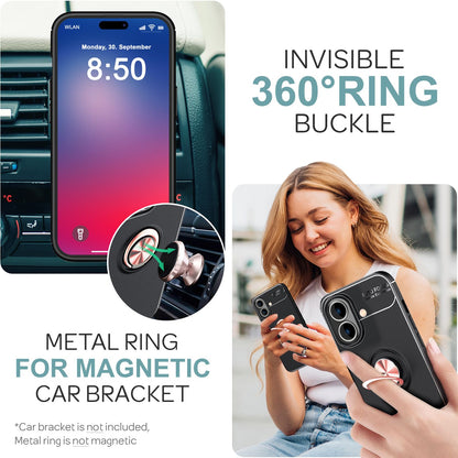 NALIA Schutzhülle mit Ring für iPhone 16 Plus, Matt-Schwarze Silikon Hülle mit 360° Finger-Halter für Ständer