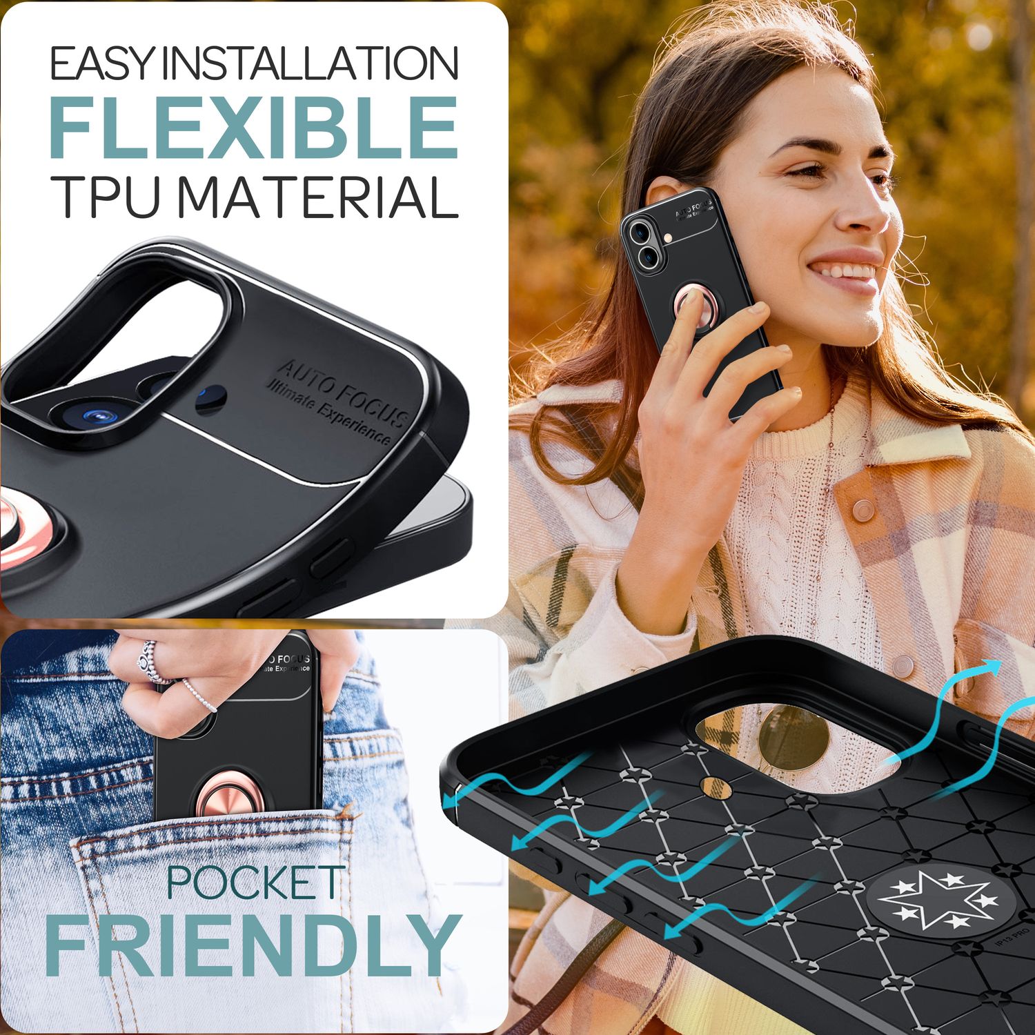 NALIA Schutzhülle mit Ring für iPhone 16 Plus, Matt-Schwarze Silikon Hülle mit 360° Finger-Halter für Ständer