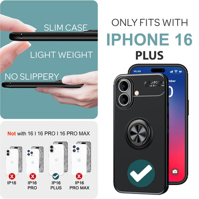 NALIA Ringhülle für iPhone 16 Plus – Ring-Ständer 360° & für Magnet-Halter – GRIP360 (Mattiertes Silikon Case) – Marke aus Berlin Schwarz NALIA Protective Hülle