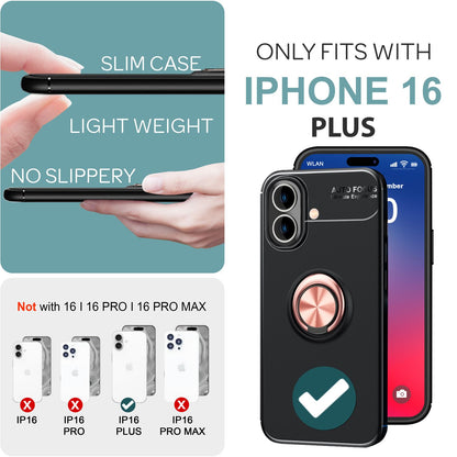 NALIA Schutzhülle mit Ring für iPhone 16 Plus, Matt-Schwarze Silikon Hülle mit 360° Finger-Halter für Ständer