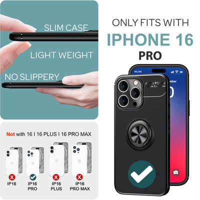 NALIA Ringhülle für iPhone 16 Pro – Ring-Ständer 360° & für Magnet-Halter – GRIP360 (Mattiertes Silikon Case) – Marke aus Berlin Schwarz NALIA Protective Hülle