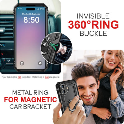 NALIA Panzerhülle für iPhone 16 – Ring-Ständer 360° & Magnet-Halterung Kompatibel – RINGDEFEND (Stoßfestes Outdoor Case) – Marke aus Berlin Schwarz NALIA Protective Hülle