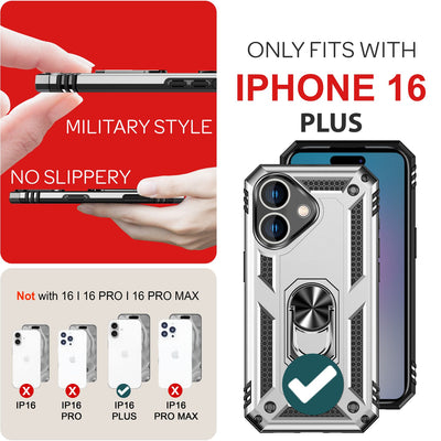 NALIA Panzerhülle für iPhone 16 Plus – Ring-Ständer 360° & Magnet-Halterung Kompatibel – RINGDEFEND (Stoßfestes Outdoor Case) – Marke aus Berlin Silber NALIA Outdoor Hülle