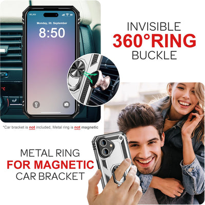 NALIA Panzerhülle für iPhone 16 Plus – Ring-Ständer 360° & Magnet-Halterung Kompatibel – RINGDEFEND (Stoßfestes Outdoor Case) – Marke aus Berlin Silber NALIA Outdoor Hülle