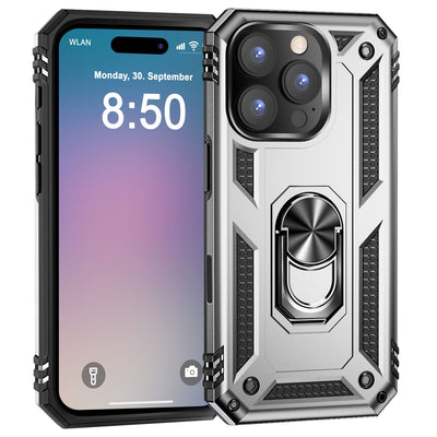 NALIA Panzerhülle für iPhone 16 Pro – Ring-Ständer 360° & Magnet-Halterung Kompatibel – RINGDEFEND (Stoßfestes Outdoor Case) – Marke aus Berlin Silber NALIA Outdoor Hülle