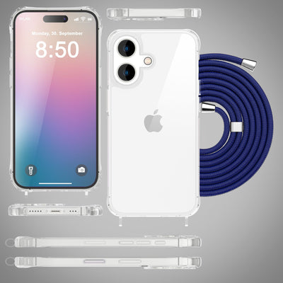 NALIA Handykette für iPhone 16 – Transparentes Hybrid-Case & Band – HANGIT PRO (Anti-Gelb Rückseite & Verstellbar) – Marke aus Berlin Dunkelblau NALIA Transparente Hülle