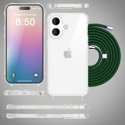 NALIA Handykette für iPhone 16 – Transparentes Hybrid-Case & Band – HANGIT PRO (Anti-Gelb Rückseite & Verstellbar) – Marke aus Berlin Dunkel-Grün NALIA Transparente Hülle