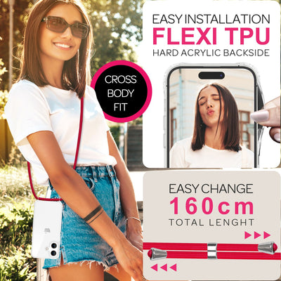 NALIA Handykette für iPhone 16 – Transparentes Hybrid-Case & Band – HANGIT PRO (Anti-Gelb Rückseite & Verstellbar) – Marke aus Berlin Rot NALIA Transparente Hülle