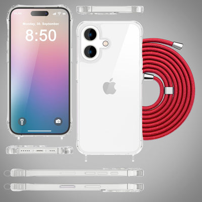 NALIA Handykette für iPhone 16 – Transparentes Hybrid-Case & Band – HANGIT PRO (Anti-Gelb Rückseite & Verstellbar) – Marke aus Berlin Rot NALIA Transparente Hülle
