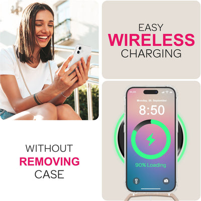 NALIA Handykette für iPhone 16 Plus – Transparentes Hybrid-Case & Band – HANGIT PRO (Anti-Gelb Rückseite & Verstellbar) – Marke aus Berlin Beige NALIA Transparente Hülle