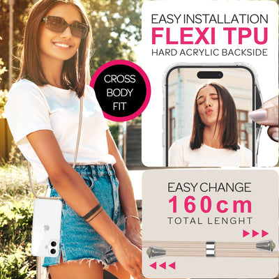 NALIA Handykette für iPhone 16 Plus – Transparentes Hybrid-Case & Band – HANGIT PRO (Anti-Gelb Rückseite & Verstellbar) – Marke aus Berlin Beige NALIA Transparente Hülle