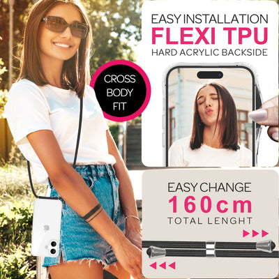 NALIA Handykette für iPhone 16 Plus – Transparentes Hybrid-Case & Band – HANGIT PRO (Anti-Gelb Rückseite & Verstellbar) – Marke aus Berlin Schwarz NALIA Transparente Hülle