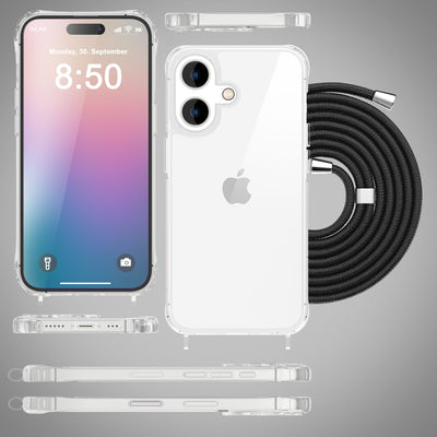 NALIA Handykette für iPhone 16 Plus – Transparentes Hybrid-Case & Band – HANGIT PRO (Anti-Gelb Rückseite & Verstellbar) – Marke aus Berlin Schwarz NALIA Transparente Hülle