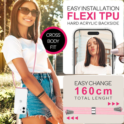 NALIA Handykette für iPhone 16 Plus – Transparentes Hybrid-Case & Band – HANGIT PRO (Anti-Gelb Rückseite & Verstellbar) – Marke aus Berlin Pastell Rosa NALIA Transparente Hülle