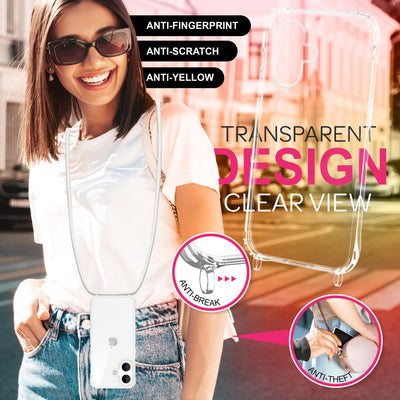 NALIA Handykette für iPhone 16 Plus – Transparentes Hybrid-Case & Band – HANGIT PRO (Anti-Gelb Rückseite & Verstellbar) – Marke aus Berlin Weiß NALIA Transparente Hülle