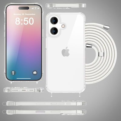 NALIA Handykette für iPhone 16 Plus – Transparentes Hybrid-Case & Band – HANGIT PRO (Anti-Gelb Rückseite & Verstellbar) – Marke aus Berlin Weiß NALIA Transparente Hülle