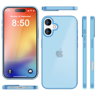 NALIA Matte Handyhülle für iPhone 16 – Stoßfester Silikon-Rahmen & Semi-Transparent – FUZION (Anti-Fingerprint Case) – Marke aus Berlin Hellblau NALIA Protective Hülle