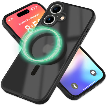 NALIA MagPower Frosted Case kompatibel mit iPhone 16 Plus Hülle [kompatibel mit MagSafe], Semi-Transparent Matt Hybrid Cover Halb-Durchsichtig, Harte Rückseite & Silikon Rahmen Schwarz NALIA