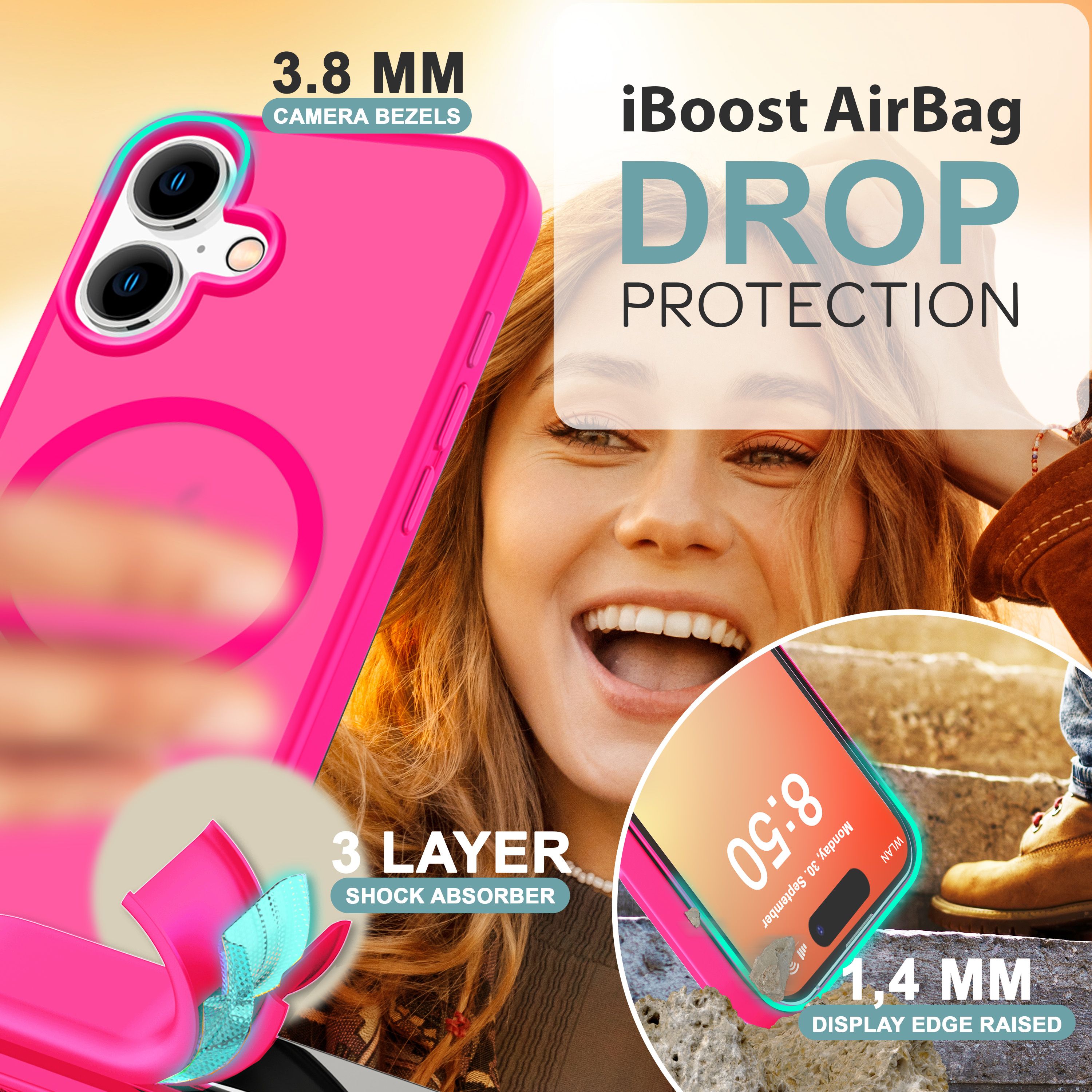 NALIA MagPower Frosted Case kompatibel mit iPhone 16 Plus Hülle [kompatibel mit MagSafe], Semi-Transparent Matt Hybrid Cover Halb-Durchsichtig, Harte Rückseite & Silikon Rahmen Pink NALIA