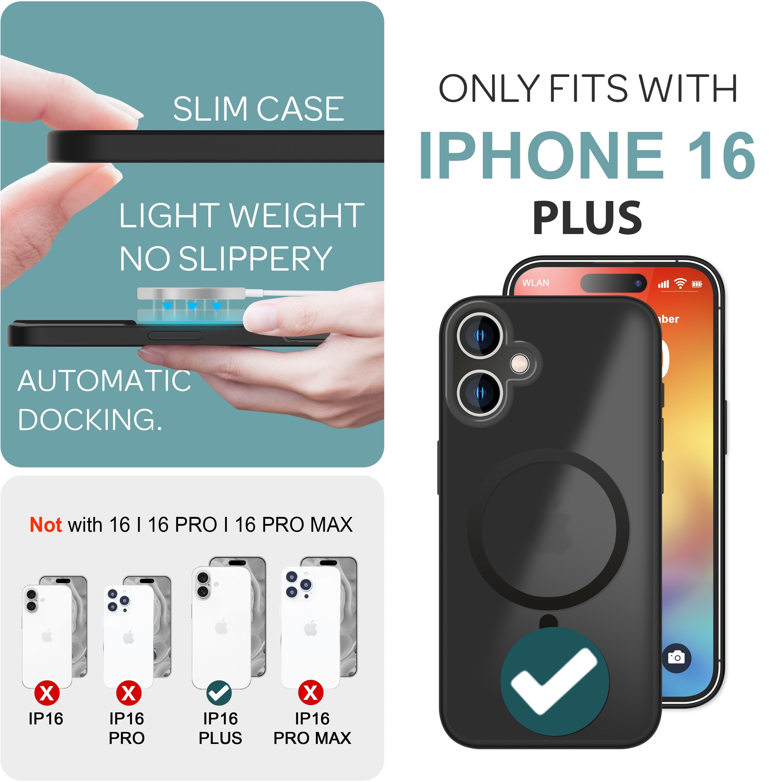 NALIA MagPower Frosted Case kompatibel mit iPhone 16 Plus Hülle [kompatibel mit MagSafe], Semi-Transparent Matt Hybrid Cover Halb-Durchsichtig, Harte Rückseite & Silikon Rahmen Schwarz NALIA