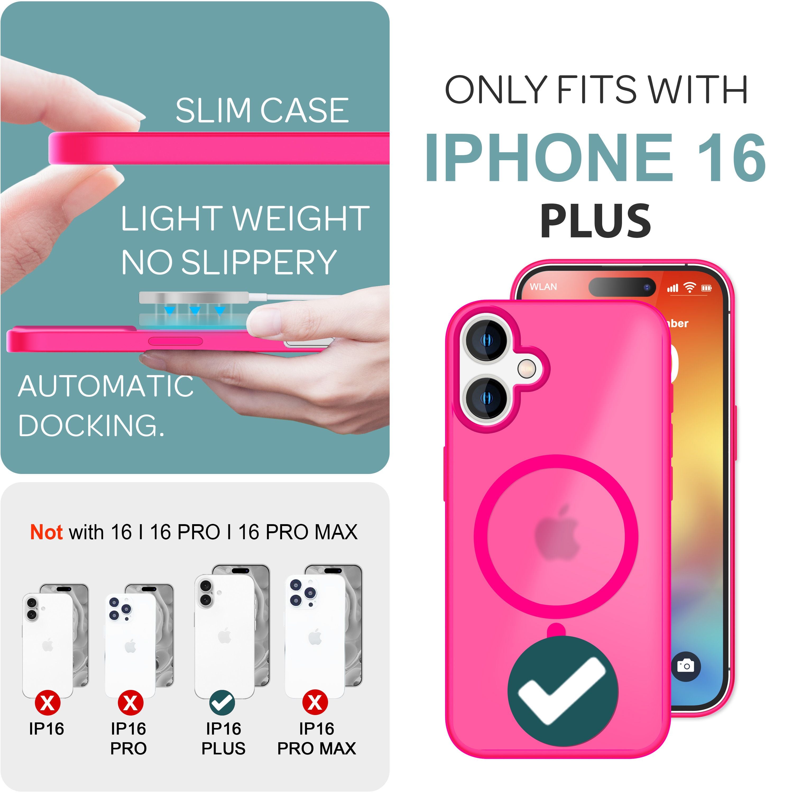 NALIA MagPower Frosted Case kompatibel mit iPhone 16 Plus Hülle [kompatibel mit MagSafe], Semi-Transparent Matt Hybrid Cover Halb-Durchsichtig, Harte Rückseite & Silikon Rahmen Pink NALIA