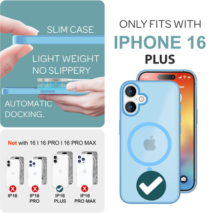 NALIA MagPower Frosted Case kompatibel mit iPhone 16 Plus Hülle [kompatibel mit MagSafe], Semi-Transparent Matt Hybrid Cover Halb-Durchsichtig, Harte Rückseite & Silikon Rahmen Hellblau NALIA
