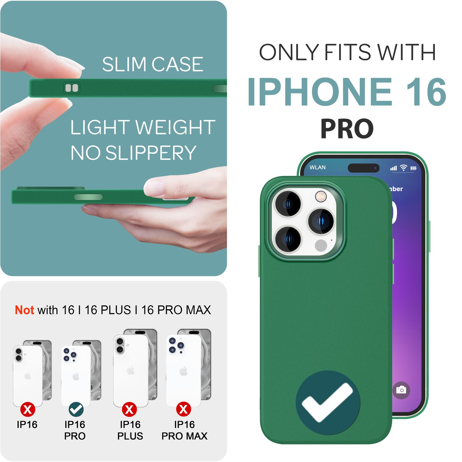 NALIA Fein Mattierte Silikonhülle für iPhone 16 Pro, Rutschfeste Handyhülle, Stoßfeste Fallschutz Hülle Grün NALIA Protective Hülle