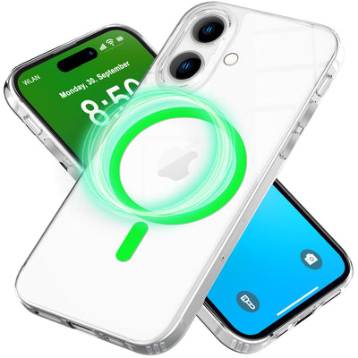 NALIA Neon-Ring Case für iPhone 16 – MagSafe Kompatibel & Nachleuchtend – NIGHT-GLOW (Transparent & Anti-Gelb) – Marke aus Berlin Grün NALIA Transparente Hülle