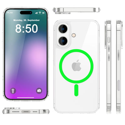 NALIA Neon-Ring Case für iPhone 16 – MagSafe Kompatibel & Nachleuchtend – NIGHT-GLOW (Transparent & Anti-Gelb) – Marke aus Berlin Grün NALIA Transparente Hülle