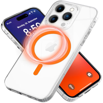 NALIA Neon-Ring Case für iPhone 16 Pro – MagSafe Kompatibel & Nachleuchtend – NIGHT-GLOW (Transparent & Anti-Gelb) – Marke aus Berlin Orange NALIA Transparente Hülle