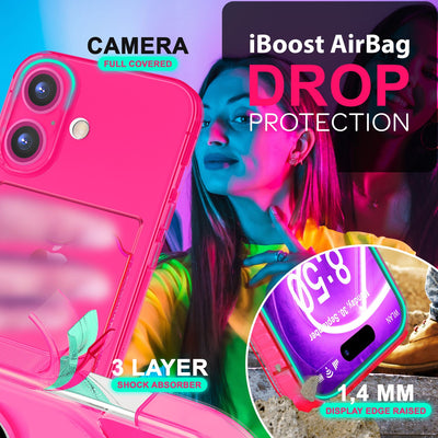 NALIA Neon Silikonhülle für iPhone 16 – Kartenfach & Knallige Signal-Farbe – CARDPOP (Anti-Shock Handyhülle) – Marke aus Berlin Pink NALIA Neon Hülle