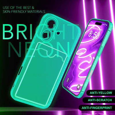 NALIA Neon Silikonhülle für iPhone 16 Plus – Kartenfach & Knallige Signal-Farbe – CARDPOP (Anti-Shock Handyhülle) – Marke aus Berlin Türkis NALIA Transparente Hülle