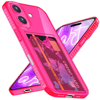 NALIA Neon Silikonhülle für iPhone 16 Plus – Kartenfach & Knallige Signal-Farbe – CARDPOP (Anti-Shock Handyhülle) – Marke aus Berlin Pink NALIA Transparente Hülle