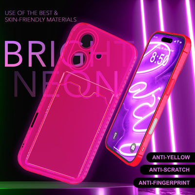 NALIA Neon Silikonhülle für iPhone 16 Plus – Kartenfach & Knallige Signal-Farbe – CARDPOP (Anti-Shock Handyhülle) – Marke aus Berlin Pink NALIA Transparente Hülle