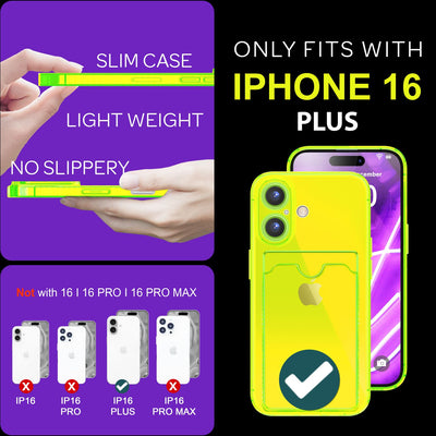NALIA Neon Silikonhülle für iPhone 16 Plus – Kartenfach & Knallige Signal-Farbe – CARDPOP (Anti-Shock Handyhülle) – Marke aus Berlin Gelb NALIA Transparente Hülle