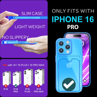 NALIA Neon Silikonhülle für iPhone 16 Pro – Kartenfach & Knallige Signal-Farbe – CARDPOP (Anti-Shock Handyhülle) – Marke aus Berlin Blau NALIA Neon Hülle